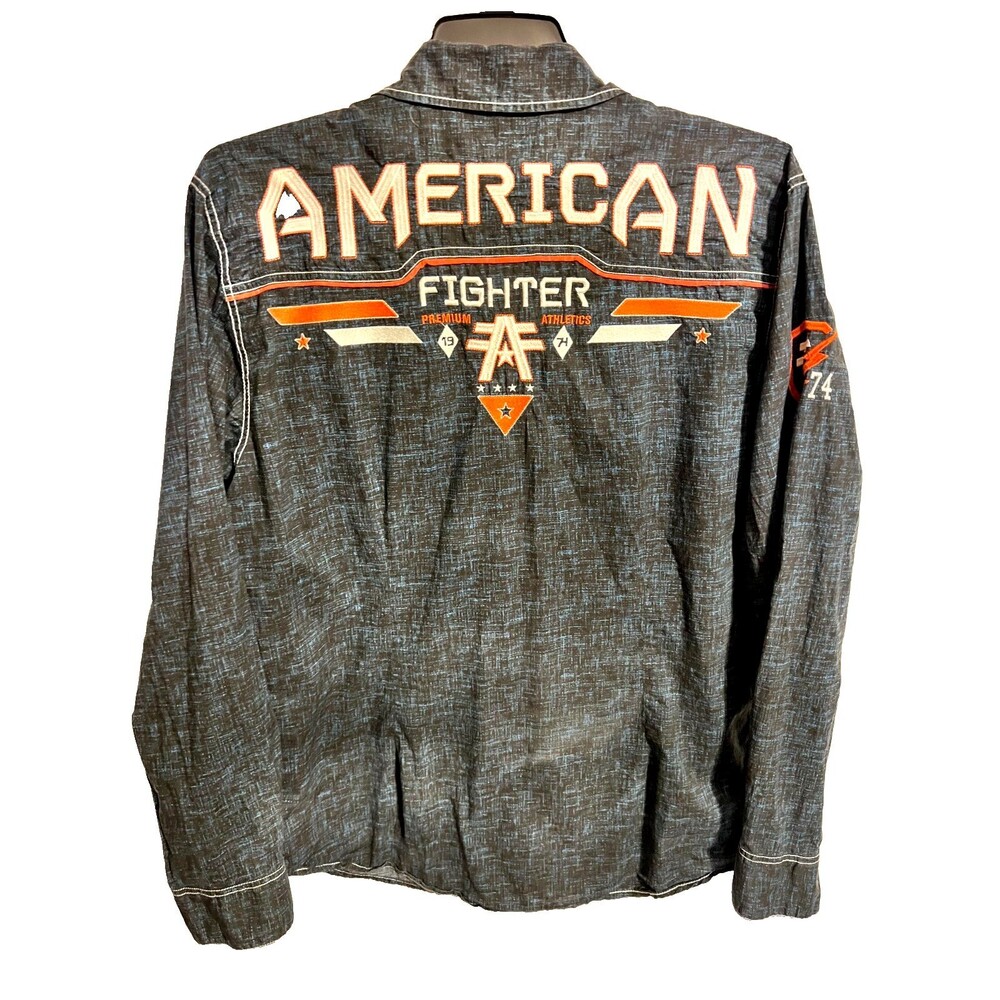 American Fighter Men's Button Down Orange Distressed Gray Long Sleeve Size XL